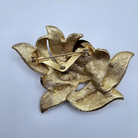 Estate Statement Brooch Vintage Leaves Fern Bouquet Brushed Gold Tone Floral - Picture 6 of 8